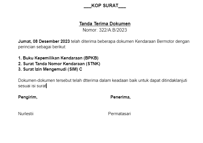 Receipt of Vehicle Documents